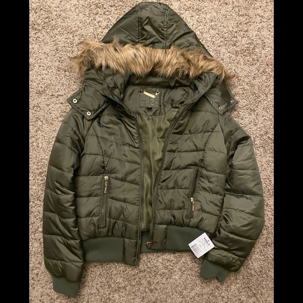 NWT Fur Lined Puffer Hoodie Jacket Army Green XS
